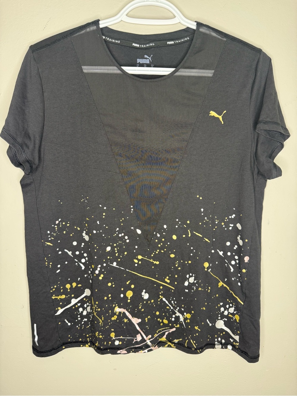 Puma Black Mesh Panel Tee with Gold & White Paint Splatter Women's XL